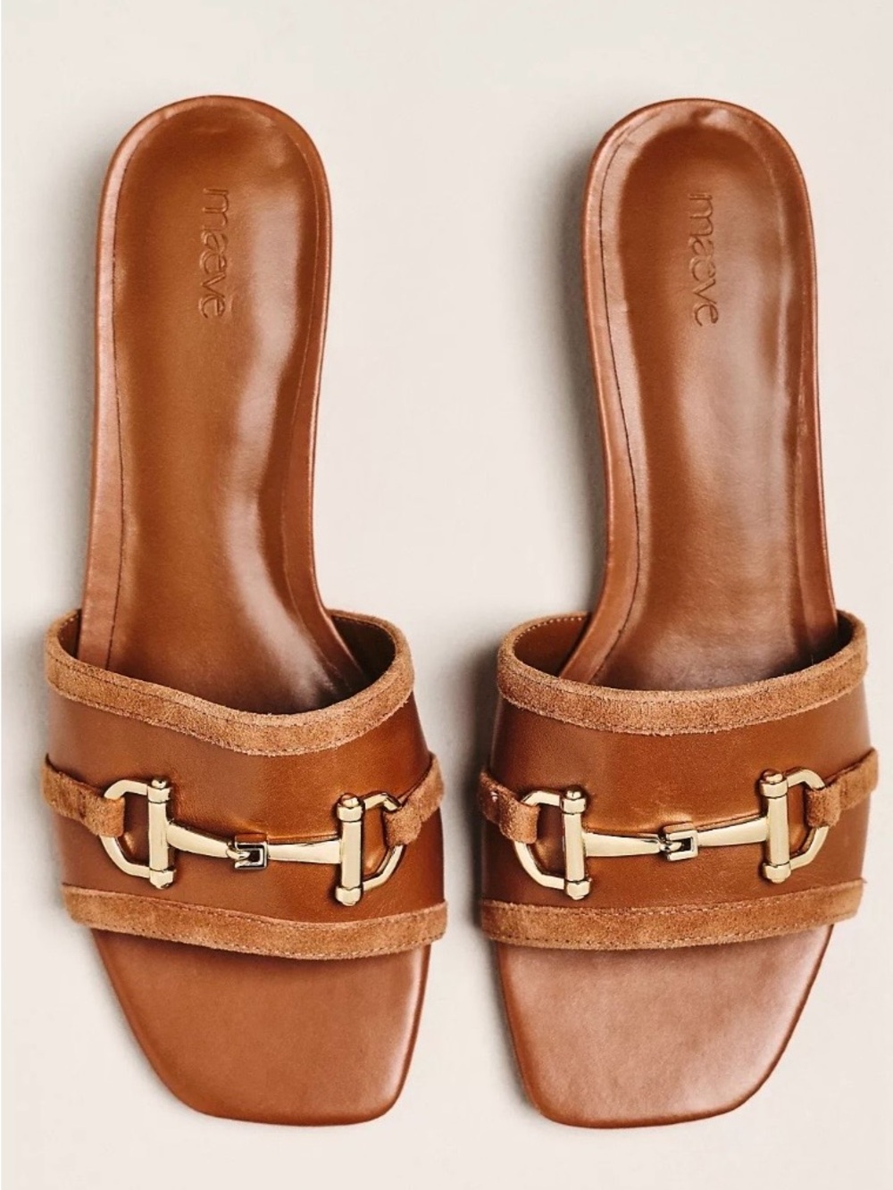 Maeve Cognac Leather Slide Mules with Gold Hardware